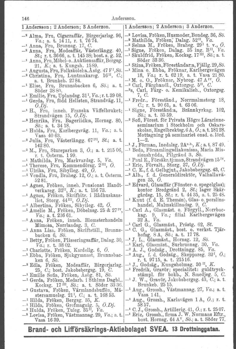 _, Knut 146 Andersson. 1 Andersson; 2 Anderson; 3 Anderzon. --!Andersson; 2 Anderson; 3 Anderzon. I -~ Alma, Fru, Cigarr affär, Birgerjarlsg. 96, -~ Lovisa, Fröken, Husmoder, Bondeg. 36, Sö. Va.; a.