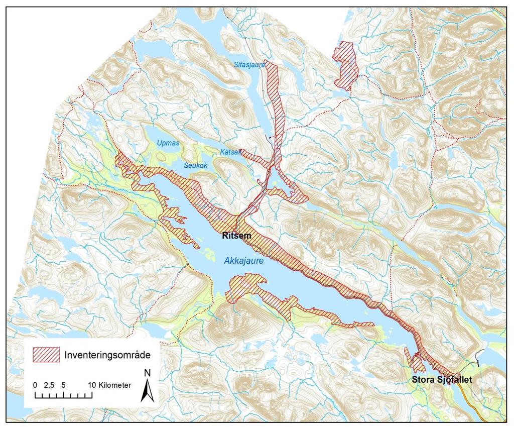 Inventeringsområde Området för inventeringen omfattar Stora Sjöfallets nationalpark med vissa tillägg, huvudsakligen norrut där även området kring Autajaure och Sitasjaure är inkluderat.