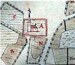 Arkeologgruppen AB rapport 2017:59 Figur 3. Utdrag ur den geometriska kartan från år 1638 med Västerhaninge kyrka och bogårdsmuren. Figur 3. Foto över nedplockad del av den sydöstra sidan av muren.