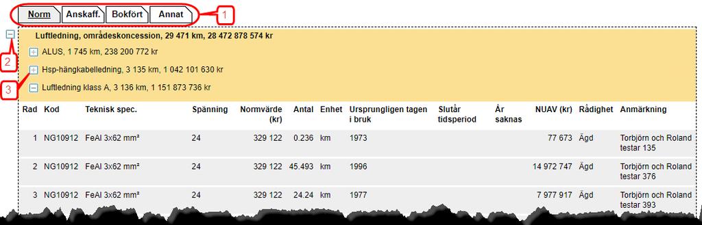 Figur 31 Kapitalbas, detaljer Uppgifterna kan ta upp till två minuter att ladda beroende på mängden data du har laddat upp. I överkant på tabellen finns flikar för varje värderingsmetod (1).