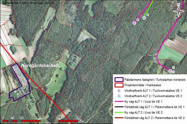 FCG DESIGN OCH PLANERING AB KALAX VINDKRAFTSPARK 130 (212) Figur 18.4. Strax utanför projektområdet i sydväst finns ett pälsfarmområde i Nordgårdsbacken.