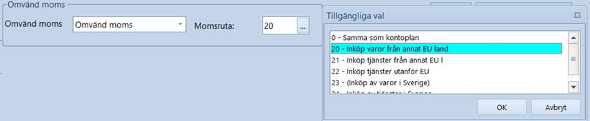 Bocka i Omvänd moms. Om omvänd moms är angett på leverantören så kommer omvänd moms att föreslås vid registrering av lev.fakturan men det kan ändras vid registrering.