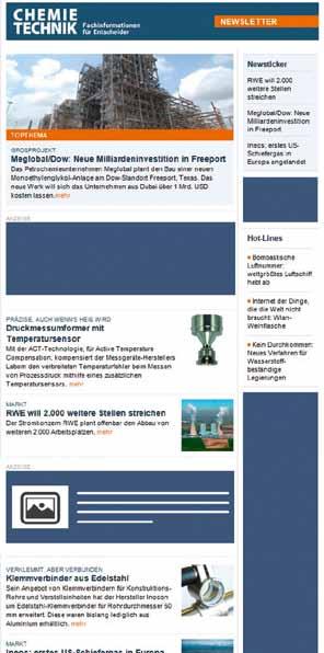 Newsletter Porträt 1 Name: chemietechnik.de-newsletter 2 Kurzcharakteristik: 2 x wöchentlich erscheinender Newsletter für Entscheider aus dem chemischen Anlagenbau an über 5.
