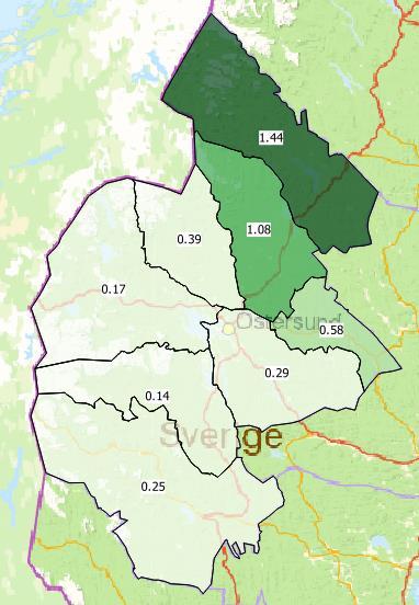 Beräknad avskjutning Jakvårdskretsar 2017/2018 Skogshare per 1000 ha Bild.