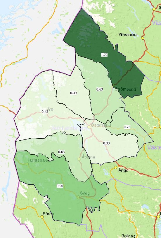 Beräknad avskjutning Jakvårdskretsar 2017/2018 Tjäder per 1000 ha Bild.