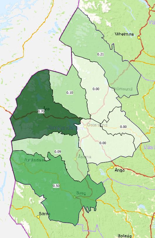 Beräknad avskjutning Jakvårdskretsar 2017/2018 Dalripa per 1000 ha Bild.