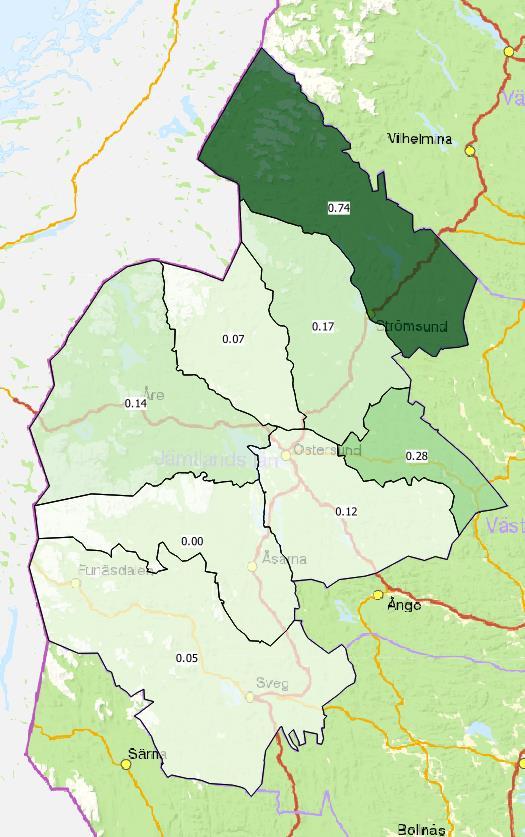 Beräknad avskjutning Jakvårdskretsar 2017/2018 Järpe per 1000 ha Bild.