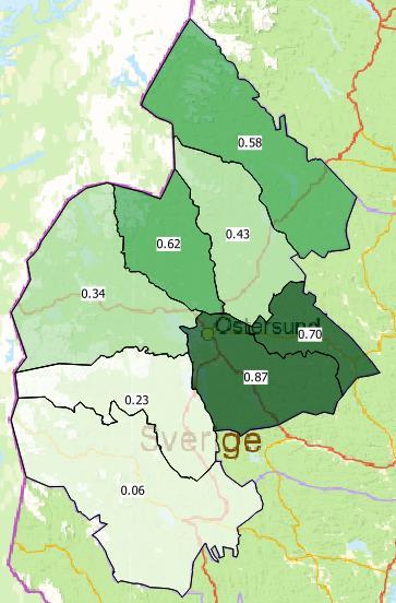 Beräknad avskjutning Jakvårdskretsar 2017-2018 Rådjur per 1000 ha Bild.