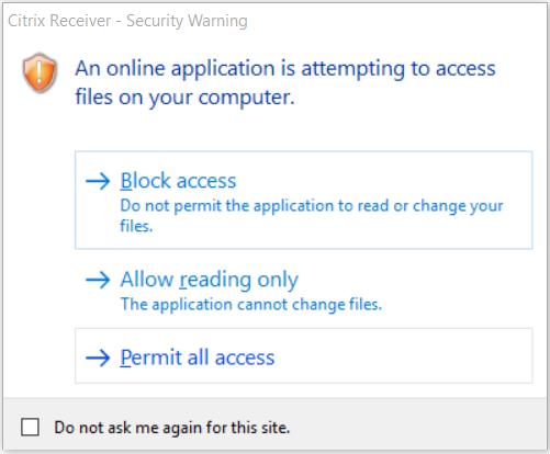 Har du inte tidigare givit Citrix tillåtelse att läsa/skapa filer på din dator måste du göra det nu.