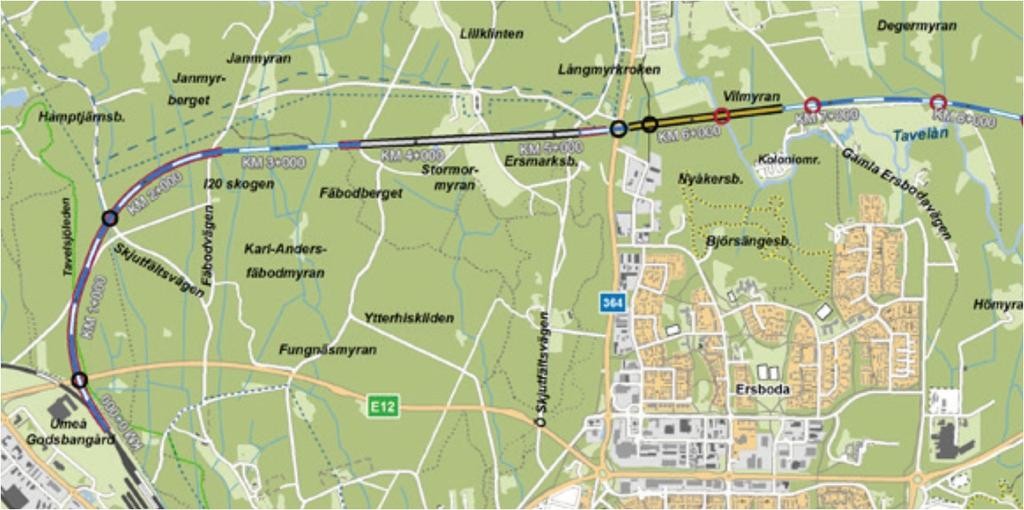 Förberedelse för partiellt dubbelspår Umeå-Ersforsen Planerat läge för den första delen av Norrbotniabanan medför många komplicerade och kostnadsdrivande passager på delen mellan Umeå Godsbangård och
