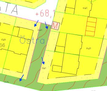 Det innebär att den östra punkten kan sänkas till lägst +66,5 m med följd att avrinningen mot grönområdet blir något sämre.
