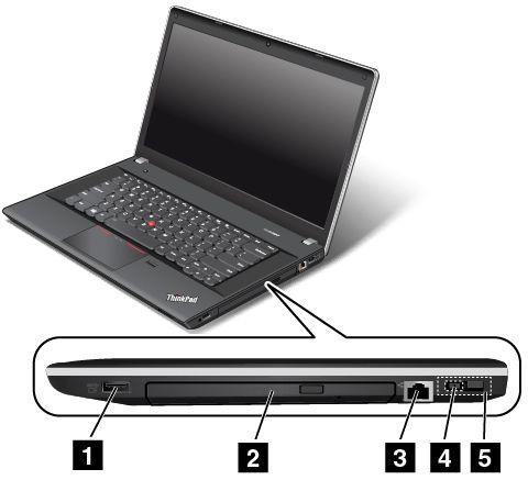 Höger sida Anm: Ditt tangentbord kan skilja sig något från följande bild. Bild3. ThinkPad Edge E440 och E540 sedda från höger 1 Always-on USB-port (USB 2.