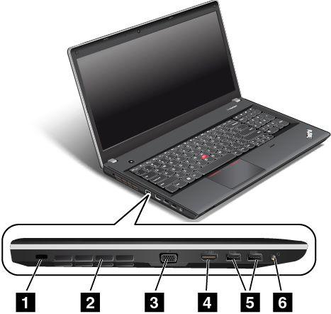 ThinkPad Edge E540 från vänster Bild 5. ThinkPad Edge E540 från vänster 1 Säkerhetslåsplats 4 HDMI-kontakt 2 Fläktgaller (vänster) 5 USB 3.