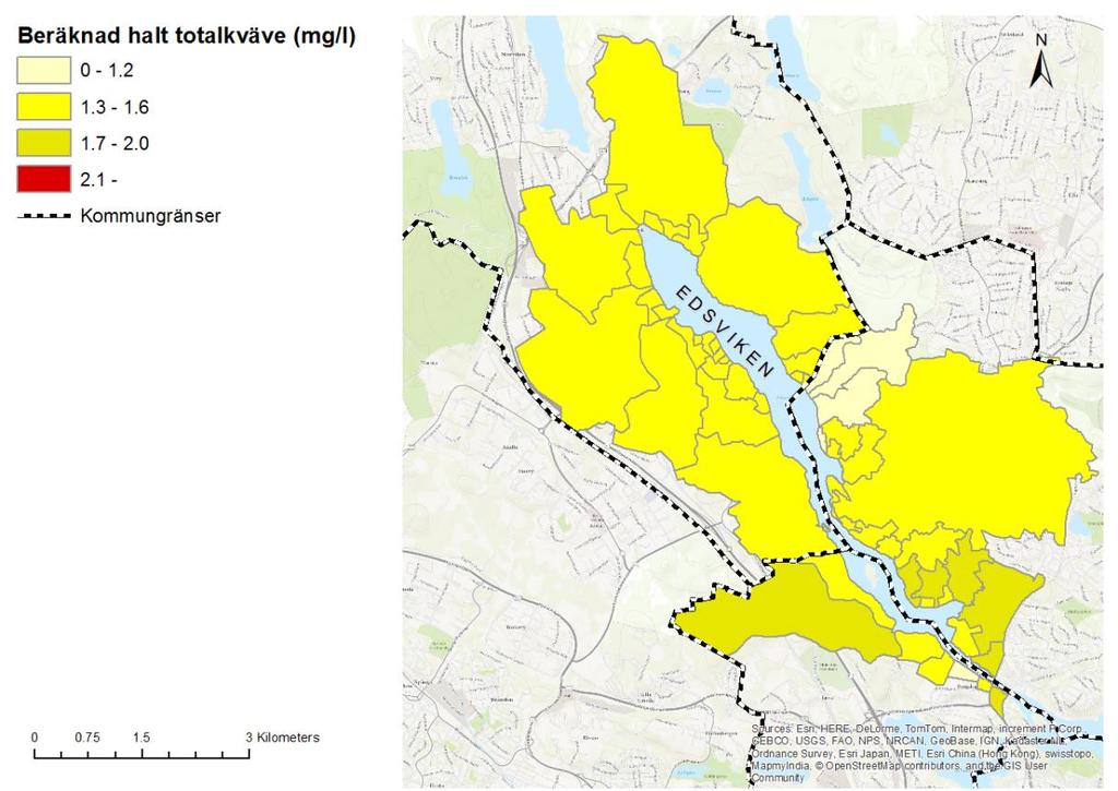 Figur 2: Beräknad halt totalkväve i dagvatten och basflöde från varje avrinningsområde.