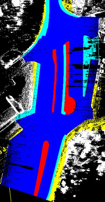 Bild 3.2 Markklassade data delades in i vägyta (blå), trottoar o dyl. hårdgjord yta (ljusblå), refug (röd) och övrigt (gul). Data utanför korridoren är vit. 3.4.