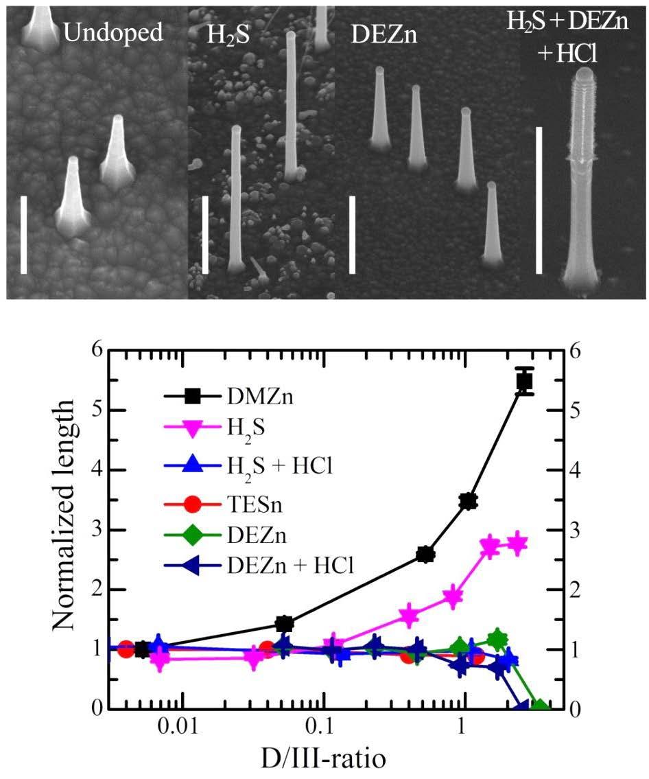 Figure 5.1 Effects of in situ doping on nanowire growth rates. (top) SEM images of InP NWs grown with different doping precursors.