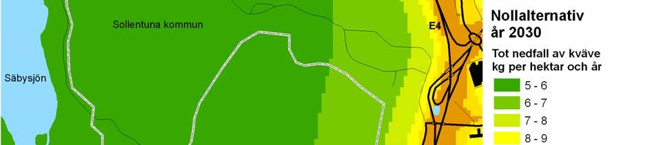 Nollalternativ år 2030 Vid nollalternativet uppgår det beräknade totala nedfallet av kväve i beräkningsområde till mellan 5,2 och 16 kg kväve per hektar och år (figur 2).