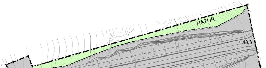 5.2 Utformning av lösningar för stora regn Nya höjder inom vägen (200 meter) kommer variera mellan +43,3 (närmast ny trafikplats) till +40,8