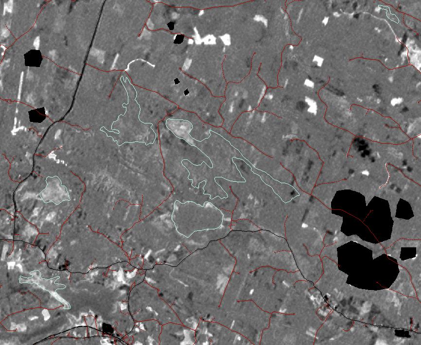 Skogsvårdsstyrelsen 2005-08-27 9(12) Förändringsbild där moln maskats bort. Nybyggda vägar framgår tydligt på dess karakteristiska form. Röda och svarta linjer är vägar från fastighetskartan.