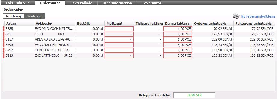 På en e faktura visas med röda markeringar i kolumnen Mottaget att leveranskvittens saknas.