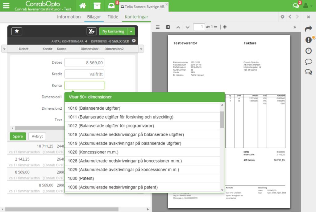 Beloppet går att justera om man önskar dela upp beloppet på flera konteringsrader. Tryck på TAB tangenten för flytta markören vidare till konto fältet.