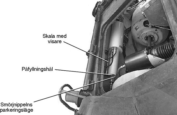 Smörjning Anvisningar för smörjpunkter som skall utföras vid grundtillsyn finns i Reparationsbok 4. 3. Centralsmörjsystem Fyll på fett i smörjpumpens fettenhet.