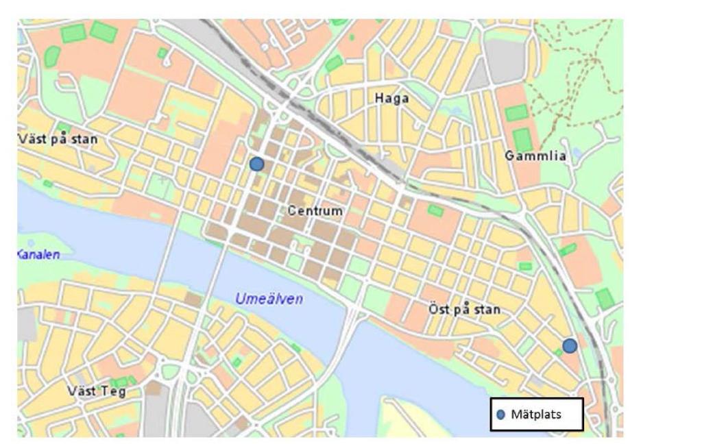 Figur 1: Mätplatser i Umeå 2018. Mätningar av PM10 vid V Esplanaden under 2013, visar på överskridande av MKN för dygn.