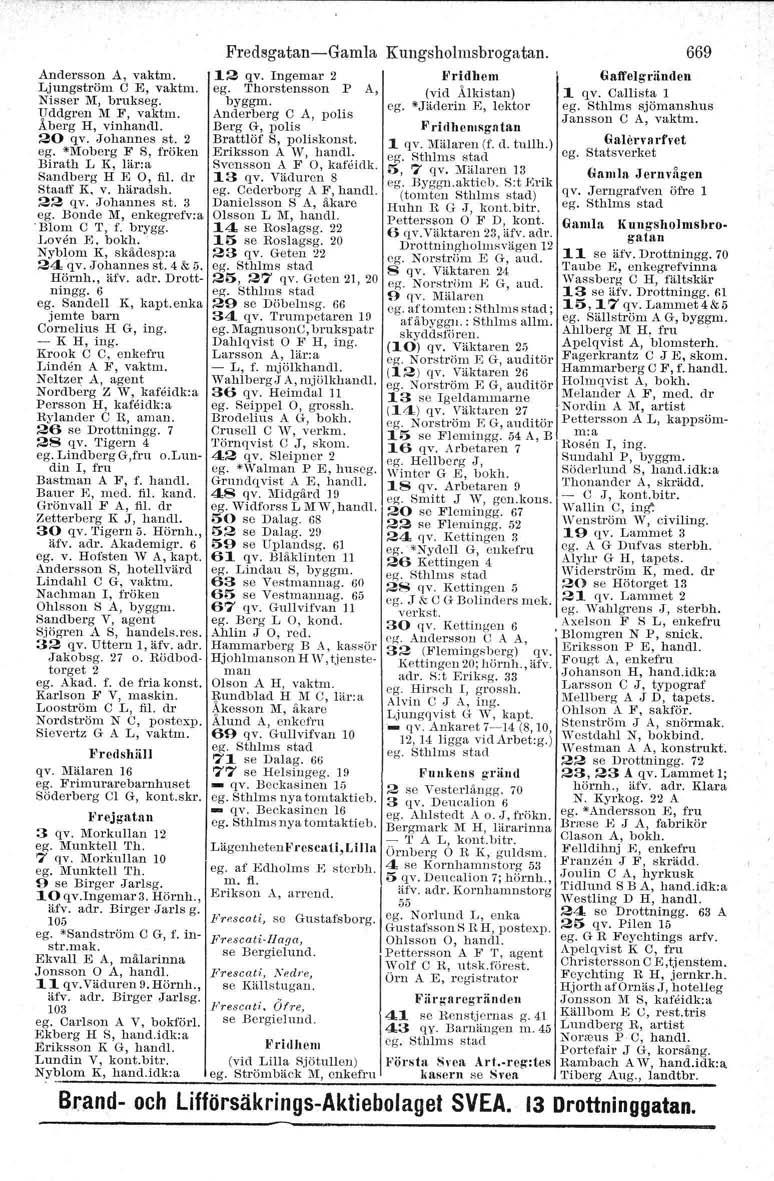 Andersson A, vaktm. 12 qv. Ingemar 2 }l1ridhem Galfelgränden Ljungström C E, vaktm. ego Thorstensson P A, (vid Ålkistan) 1 qv. Callista l Nieser M, brukseg. byggm. ego *Jäderin E, lektor eg.