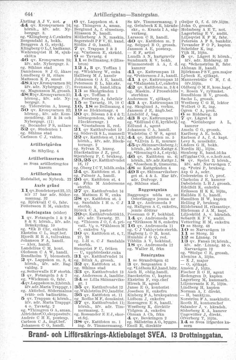 644' Ährling A J V, not., 44 qv. Kronqvarnen 14; hörnh., äfv. adr. Nybergsgr. 3. ego*klingberg AC,enkefru Bergendahl A, bokh. Berggren AG, styckj. Klingberg OL, f. badkamr.