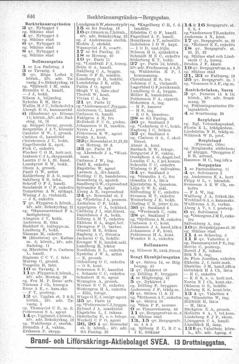 646 Beekuräunareg riinden 2 qy. Nybygget 2 4 qv, Nybygget 3 6 qy. Nybygget 12 8 qv. Nybygget 4 ego Sthlm s stad Bellmansgatan 1 se L:a Badstug. 3 3 se Tavastg. 6 5 qy. Höga Loftet 2; hörnh., ärv. adr.