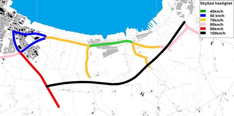 Figur 1 Alternativa sträckningar för Förbifart Lidköping. Hastigheterna i modellen överensstämmer med de som tidigare använts i förstudien, se Figur 2 nedan. Figur 2 Skyltad hastighet i modellen. 2.1.2 Trafikvolymer Trafikanalysen omfattar två trafikeringsnivåer, dels dagens trafikvolymer och dels prognostiserade trafikvolymer för år 2035.