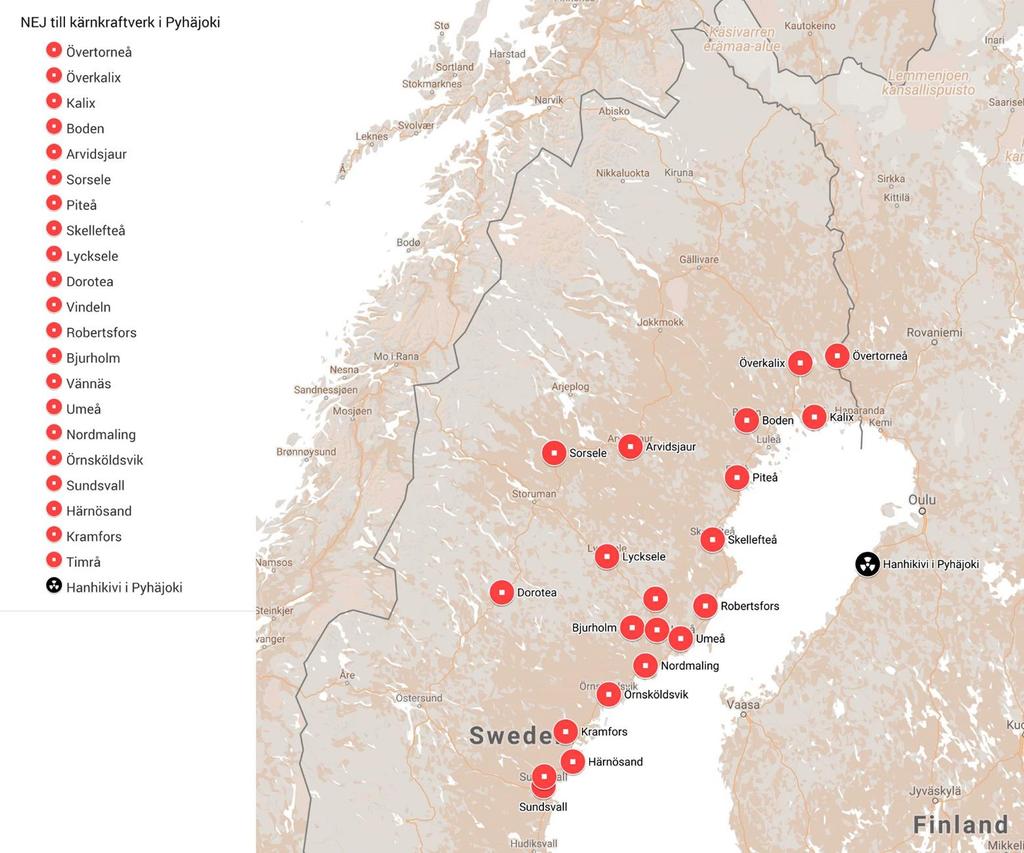21 kommuner i Sverige säger NEJ Mycket glädjande finns en stark opinion i Sverige mot byggandet av ett finsk-ryskt kärnkraftverk vid Bottenviken.