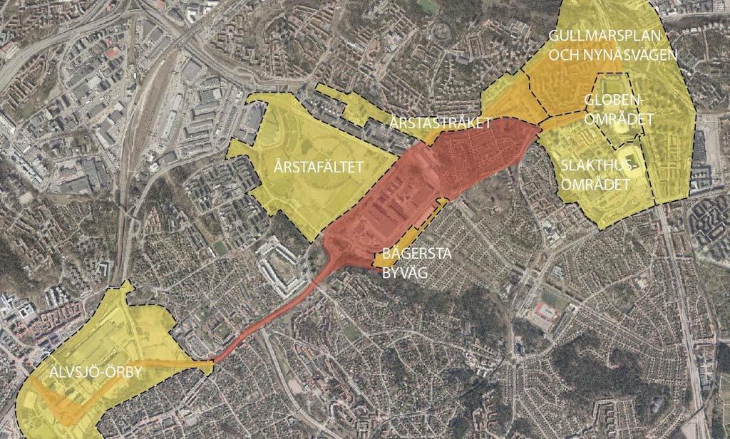 10(36) Figur 4. Utredningsområde för Stomlinje Söderort (rött) och kringliggande stadsutvecklingsområden (gult). 2.