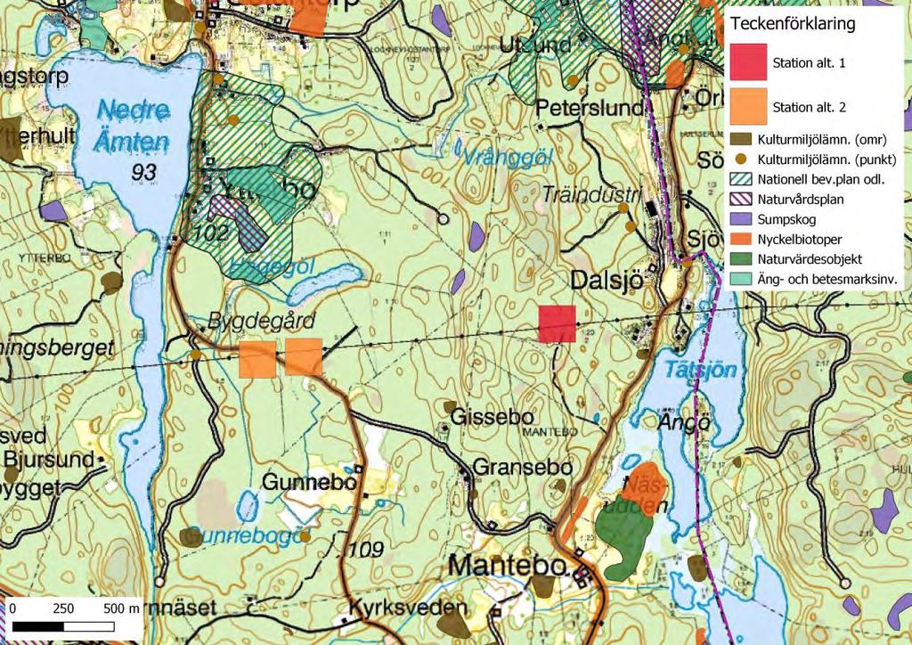 Figur 11. Stations alt. 1 och 2 för lokalisering av transformatorstation (två möjliga placeringar för alt. 2). 7.