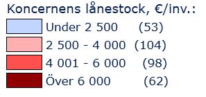 Kommunkoncernernas lånestock 31.12.215, /inv. Landets medeltal 5 978 /inv.