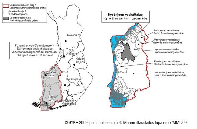 Bild 4. Platsen för Kyro älvs avrinningsområde i Kumo älv Skärgårdshavet Bottenhavets vattenförvaltningsområde.