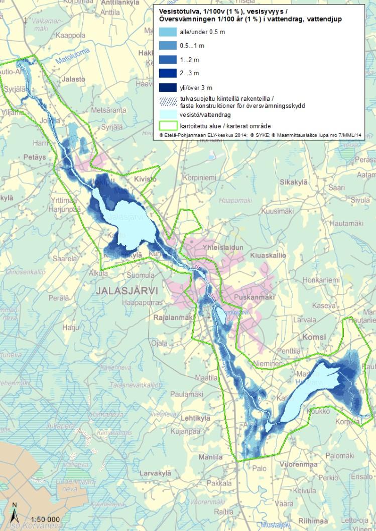 7.1.3 Övriga översvämningskarterade områden: Kartering av översvämningshotade områden i Jalasjärvi Den detaljerade karteringen av översvämningshotade områden i Jalasjärvi genomfördes med hjälp av en