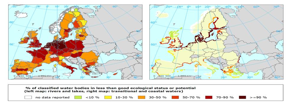 55% av ytvattenförekomster i Europa har mindre än god ekologisk