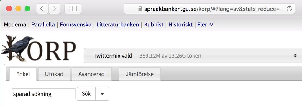 Figur 5 Så här kan webbadressen se ut (den kan vara avsevärt längre): https://spraakbanken.gu.se/korp/#?