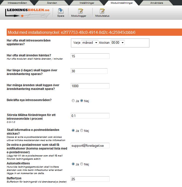 2.3.1 Inställningar för Ledningsägarmodulen De inställningar som kan göras för Ledningsägarmodulen finns under fliken Modulinställningar för användare som är