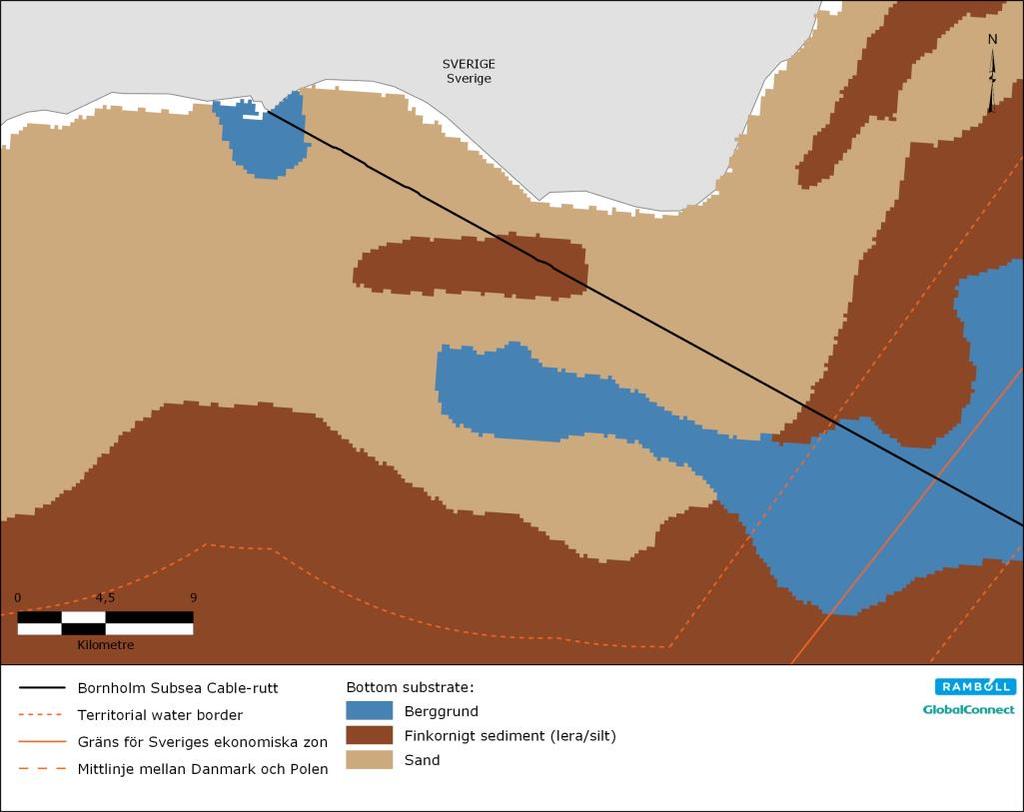 Figur 6. Ytsediment (1). Möjliga effekter Arbete på havsbotten kan potentiellt orsaka tillfälliga mindre förändringar i batymetrin (havsbottnens ytmorfologi).