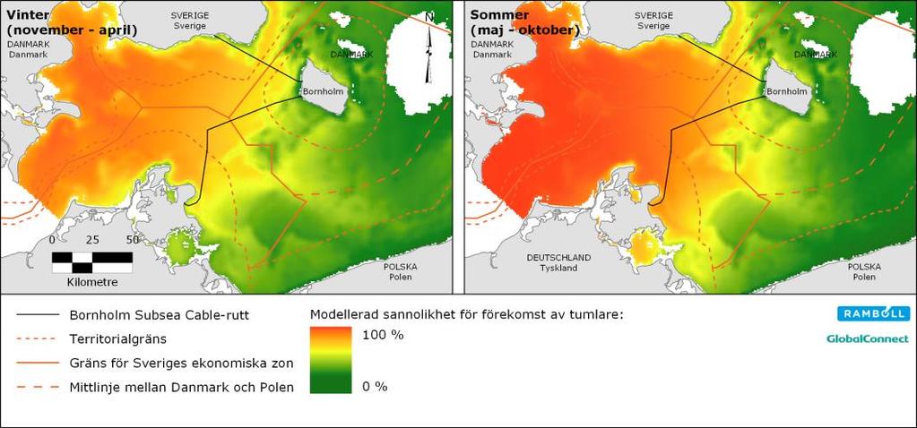 utbredning under vinter och sommar för tumlare i den södra regionen vilken anses relevant för projektet. Figur 12. Utbredning tumlare (11).