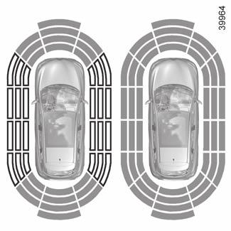 PARKERINGSASSISTANS (2/5) 2 C A ANM.: Displayen 2 visar bilens omgivning, vilket kompletterar ljudsignalerna. Sidodetektorerna aktiveras efter några meters körning.