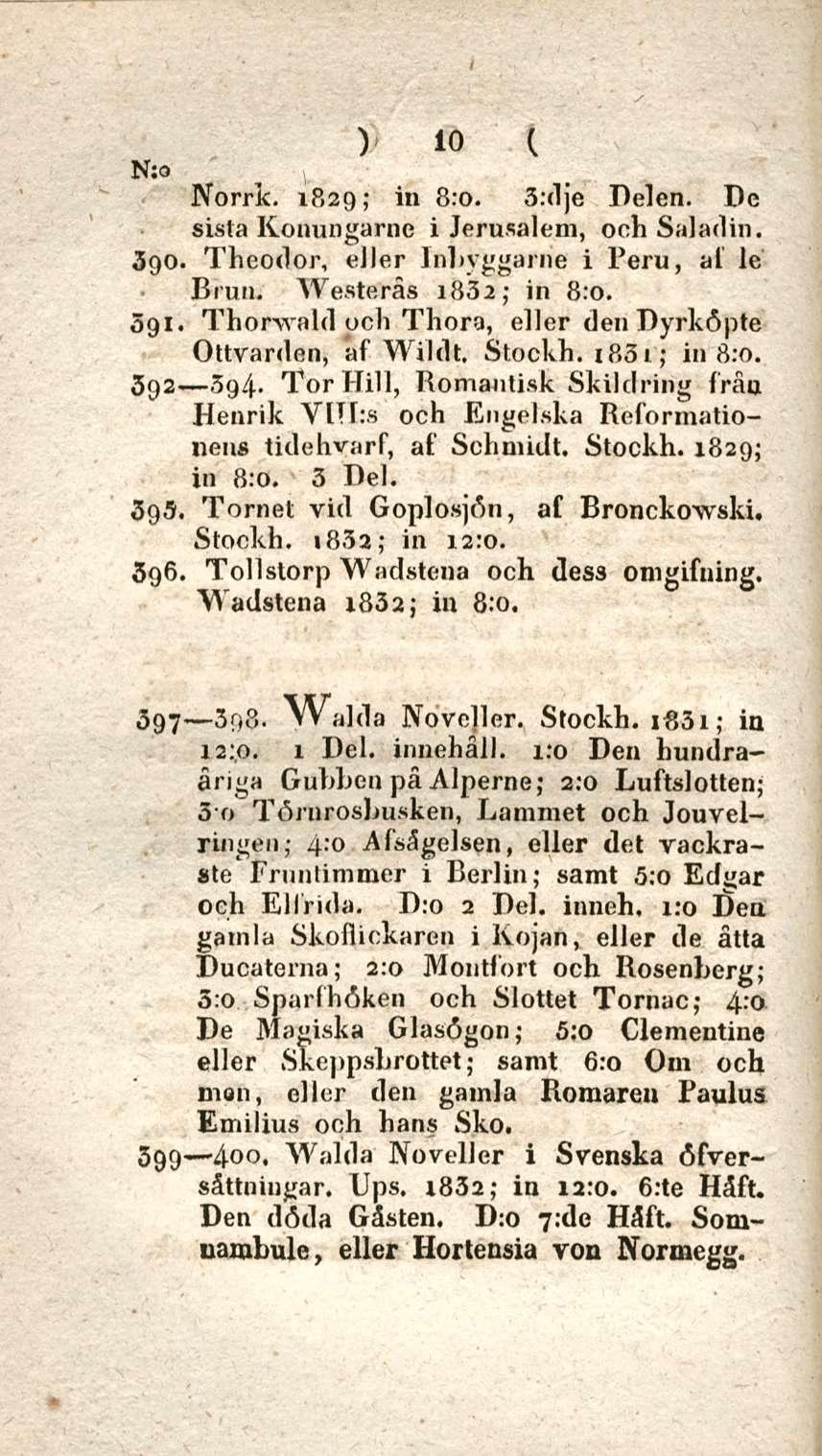3g4- ) 10 C Norrk. 1829; in 8:0. 3:dje Delen. De sista Konungarne i Jerusalem, ooh Saloriin. 3go. Theorior, eller Inbvggarne i Peru, ai le Bruti. Westerås i832; in 8:0. 391.