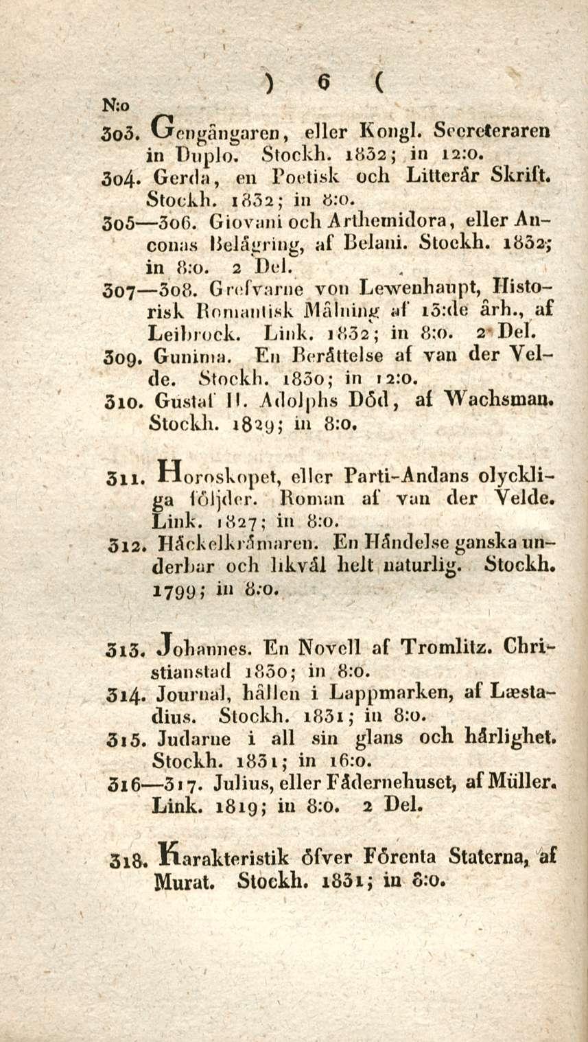 6 N:o 303. Gcngängaren, eller Kongi. Sccreteraren in Duplo. Stockh. i852; in 12:0. 304- Gerda, en Poetisk och Litterår Skrift. Stockh. i832; in 8:0. 3o5 3ofi.