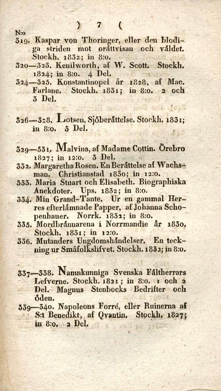 ) 7 ( N:o 3i9«Kaspar von Thoringer, eller (len blodiga striden mot oråttvisau och våldet. Stockh. i832; in 8:0. 320 323. KeniJLworth, af W. Scott. Stockh. 1824; in 8:0. 4 Del. 324 325.