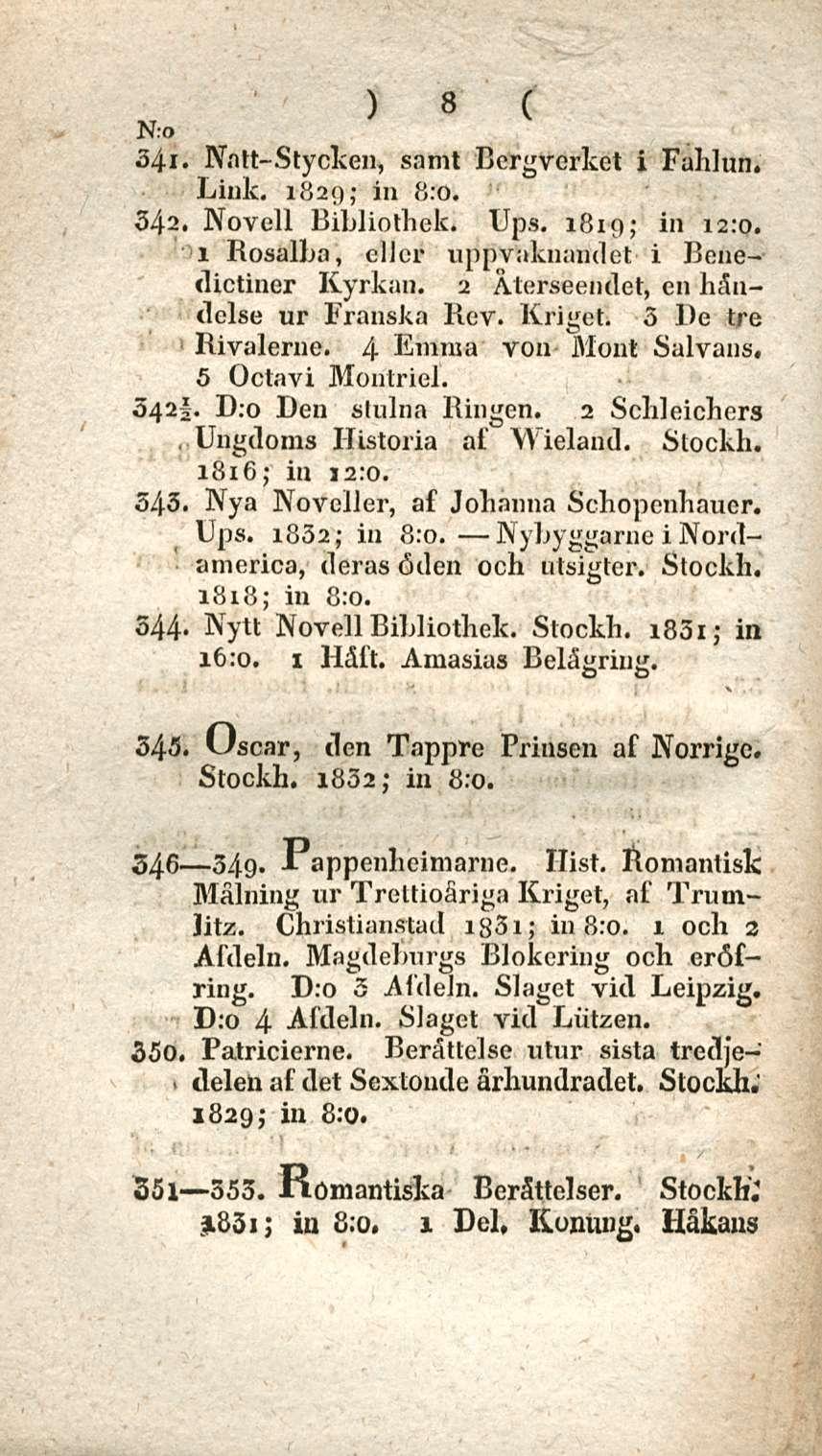 8 34i. Natt-Stycken, samt Bergverket i Fahlun. Liiik. 1829; in 8:0. 342. Novell Bibliothek. Ups. 1819; in 12:0. 1 Rosalba, elicr uppvaknandct i Benedictiner Kyrkan.