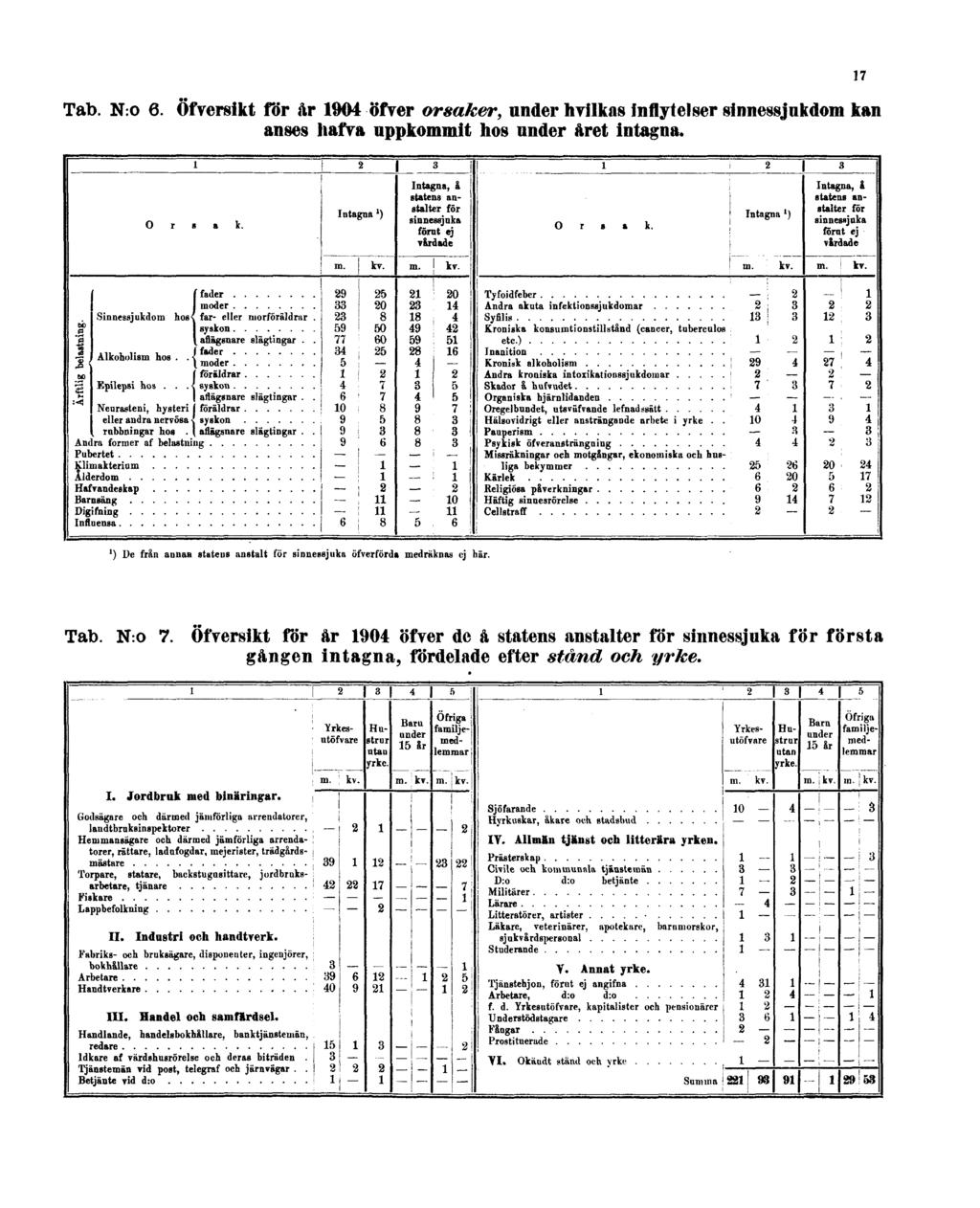 Tab. N:o 6. Öfversikt för år 1904 öfver orsaker, under hvilkas inflytelser sinnessjukdom kan anses hafva uppkommit hos under året intagna.