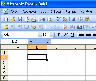 Här är cell B2 markerad. En cell markeras genom att klicka i cellen.