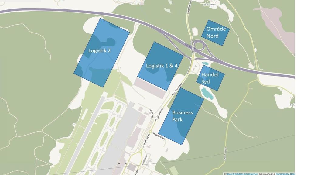 2.1.3.4 Airport City Figur 2-3 Airport City 2040 För Airport City antas till 2040 ett antal områden enligt Figur 2-3 vara utvecklade med ytor och antal anställda per område enligt Tabell 2.